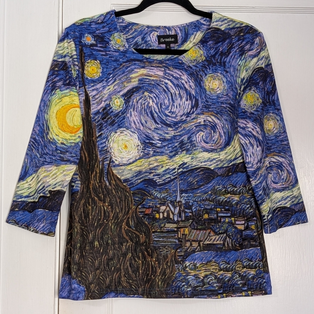 Breeke Starry Night Van Gogh Art Print Top | 3/4 Sleeve | Women’s Small